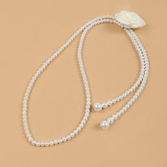 Faux Pearl Waist Chain Rose Decor Waistband Dress Sweater Girdle