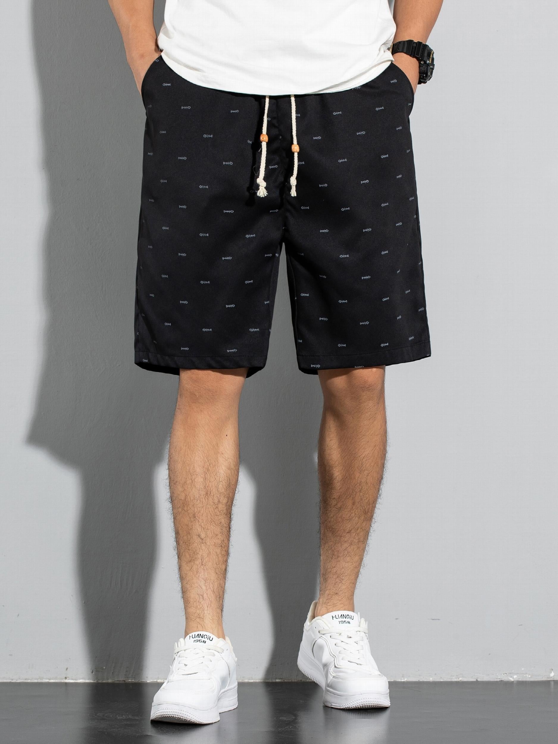 Fish Bone Allover Print Shorts Men's Casual Solid Shorts