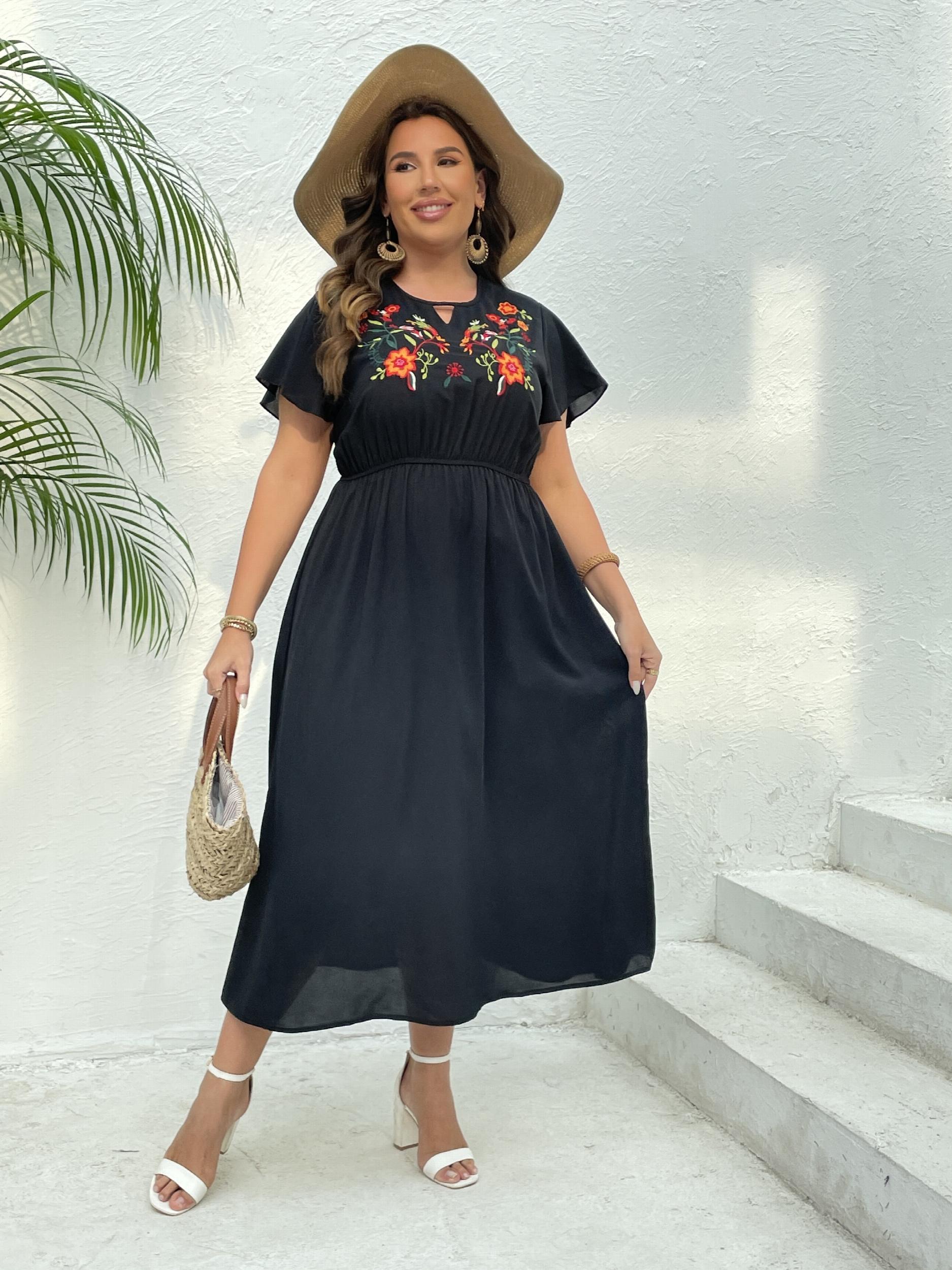  Women's Floral Embroidery Cap Sleeve Dress
