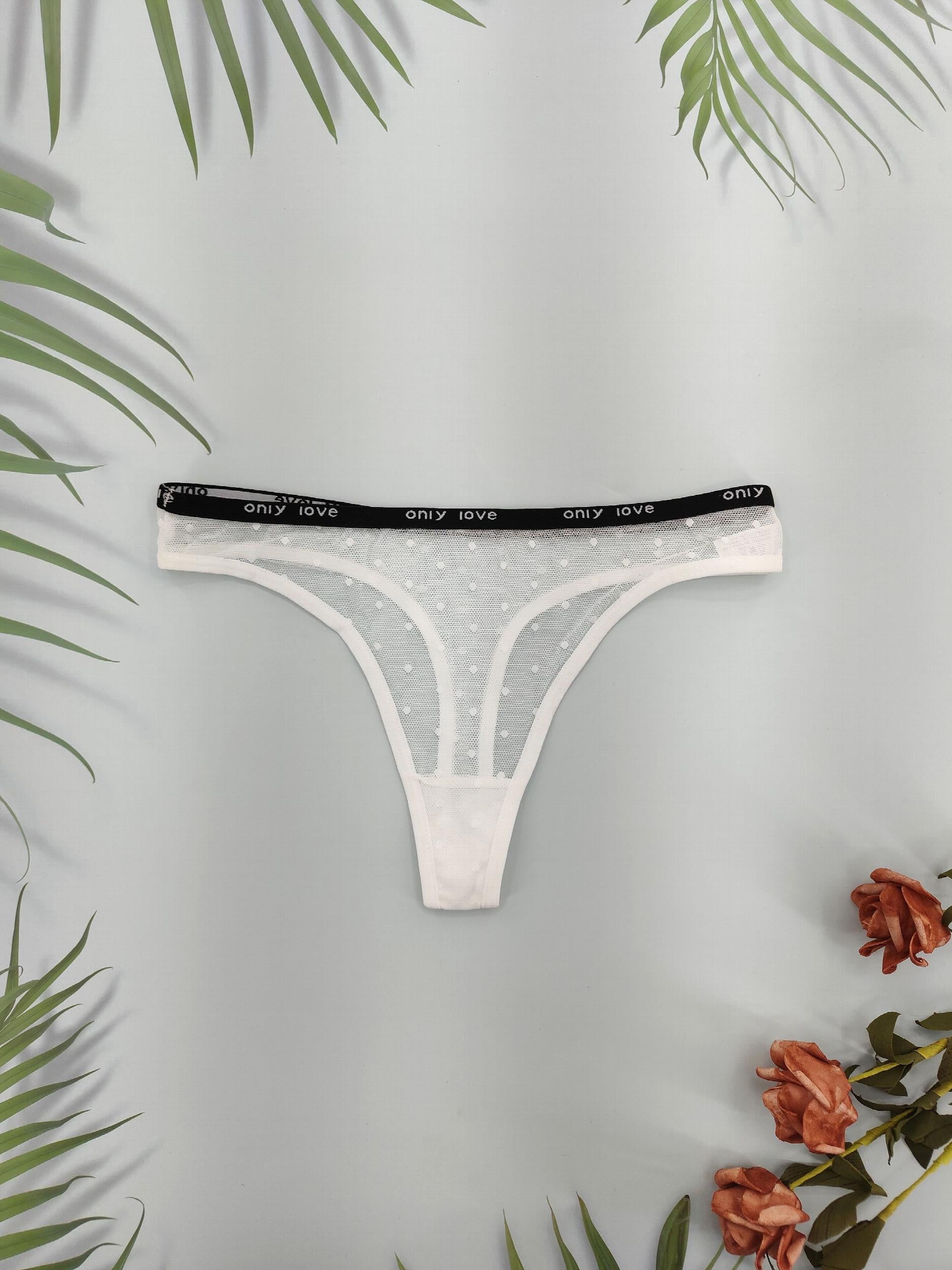 4pcs Polka Dot Mesh Thongs Breathable Comfy Letter Tape Intimates Panties
