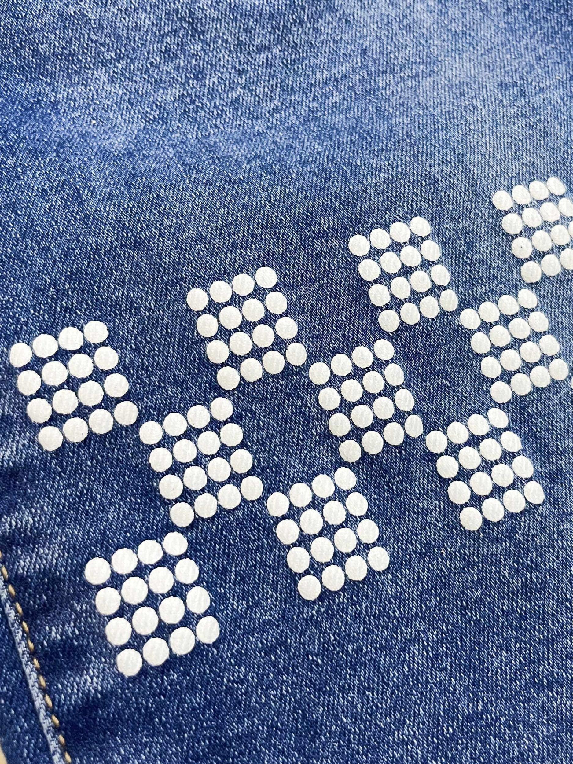  Checkered Patch Button Fly Ripped Stretch Denim Pants
