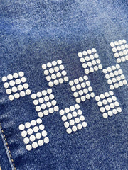  Checkered Patch Button Fly Ripped Stretch Denim Pants