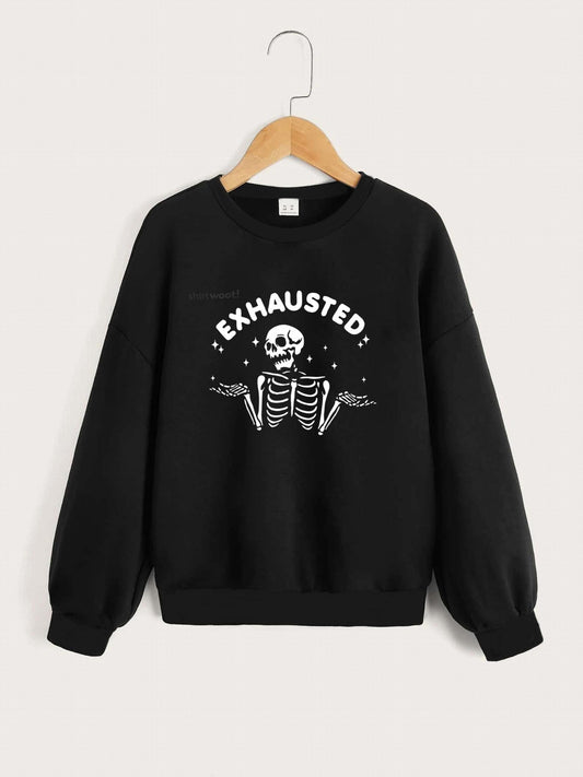 Fun Exhausted Skeleton Graphics Pullovers For Girls