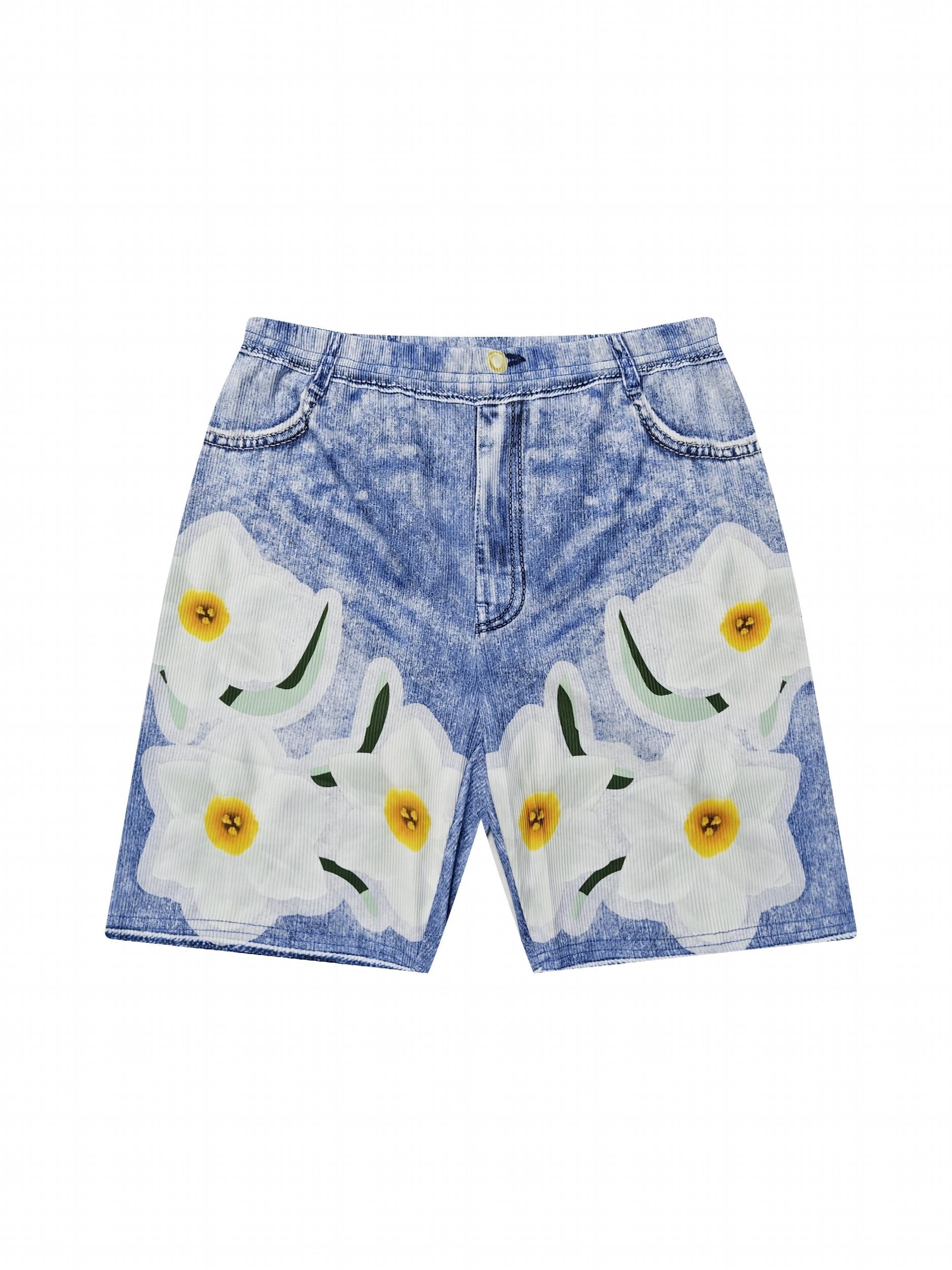 Flower Faux Denim Print Sports Shorts High Stretch
