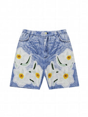 Flower Faux Denim Print Sports Shorts High Stretch
