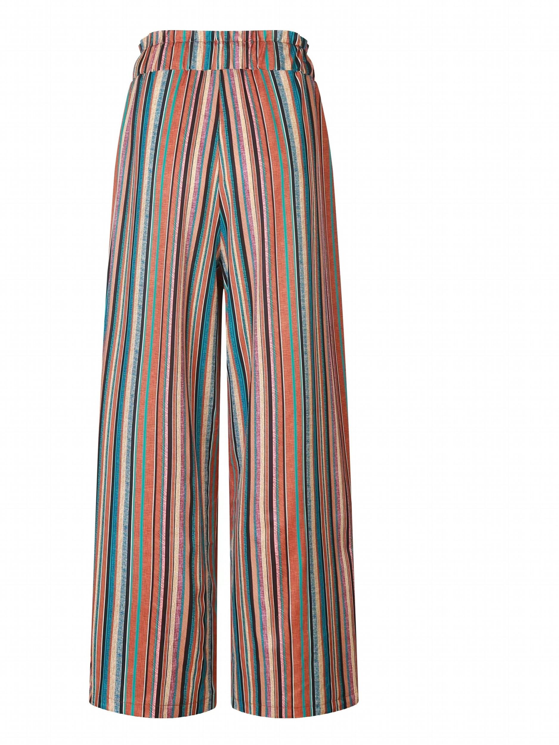  Stripe Print Boho Pants High Rise Wide Leg