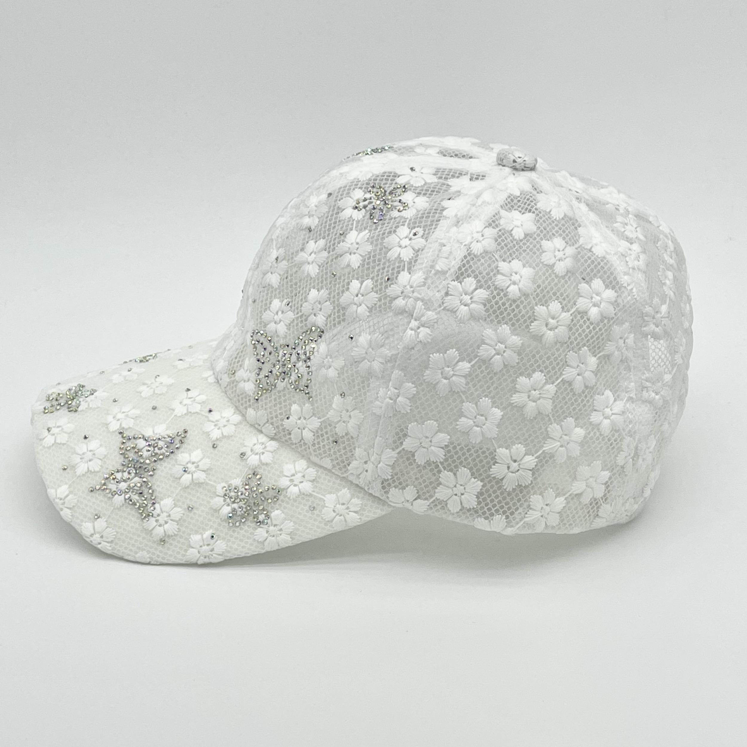 Rhinestone Butterfly Decor Baseball Cap Lace Embroidery Hollow Out Dad Hat