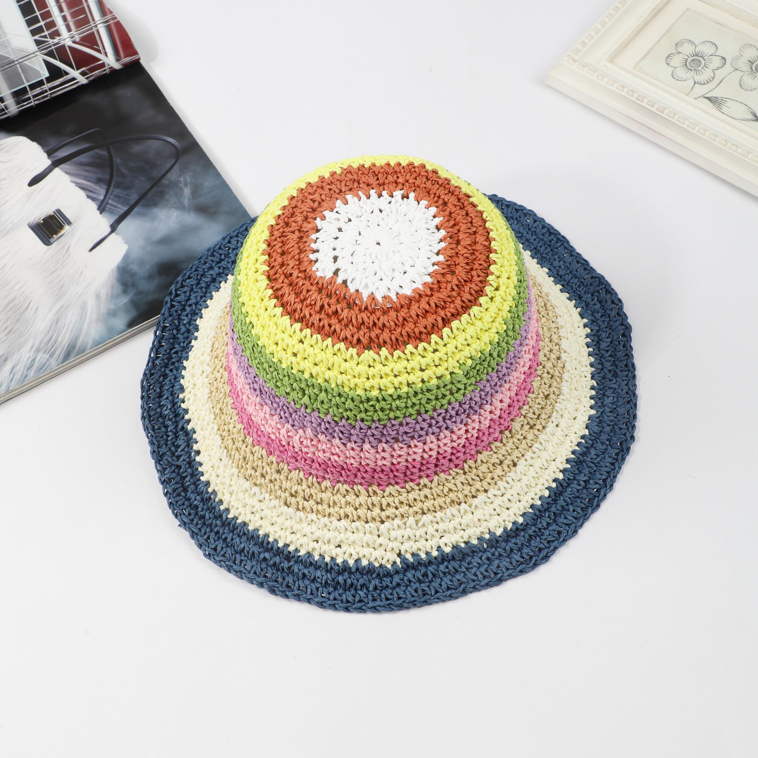 Rainbow Stripe Crochet Bucket Hat Breathable Foldable Straw Sun Hats