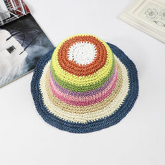 Rainbow Stripe Crochet Bucket Hat Breathable Foldable Straw Sun Hats
