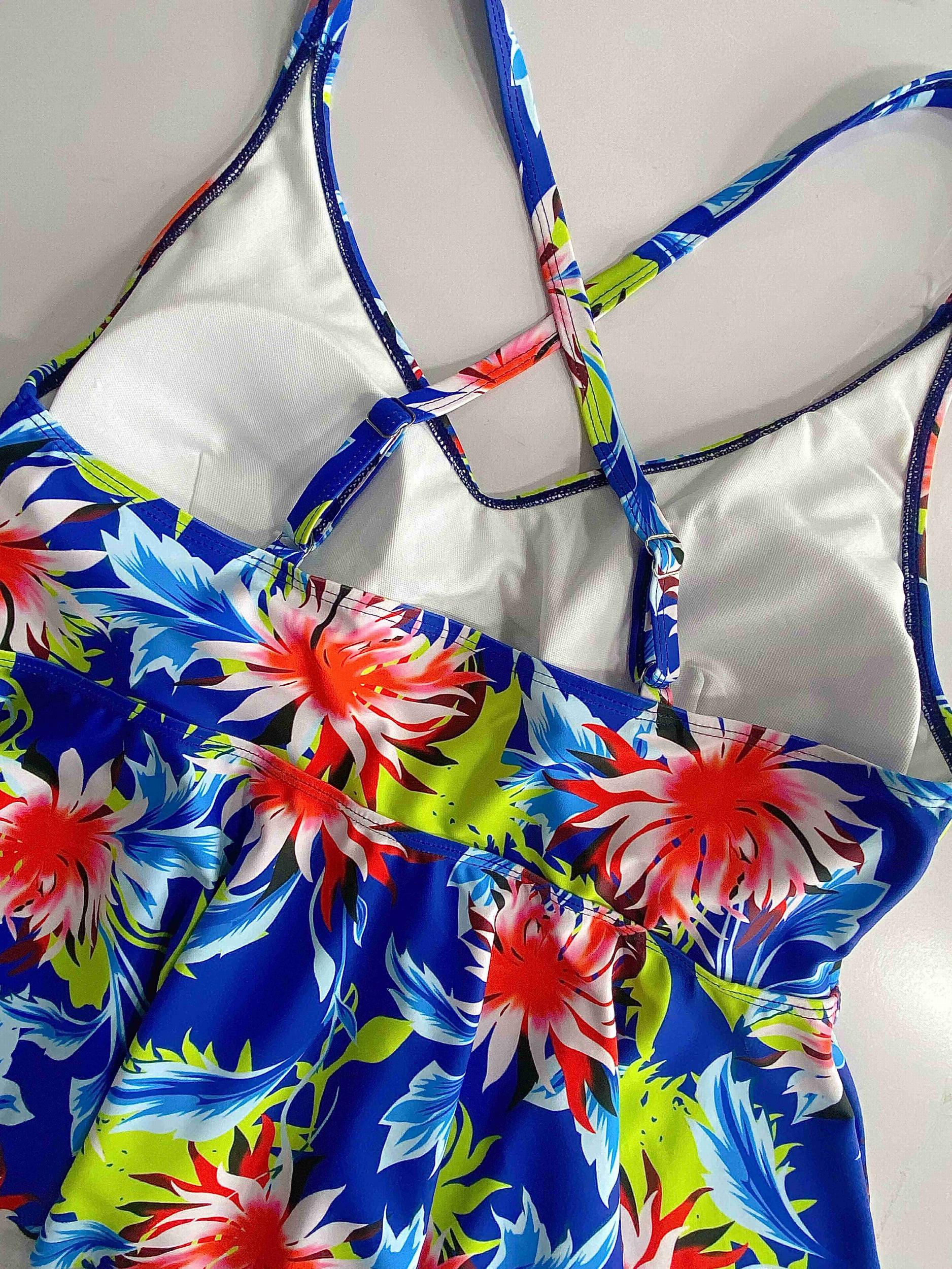 Plus Size Boho Tankini Set V Neck Criss Cross Cami Top & Panty Swimsuit