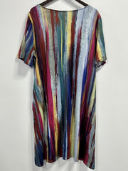  Colorblock Stripe Print Short Sleeve Dress With Pockets