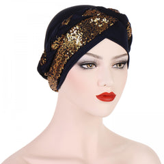 Sequin Pre-tied Turban Cap Crossed Head Wrap Bonnet Solid Beanie Chemo Hats