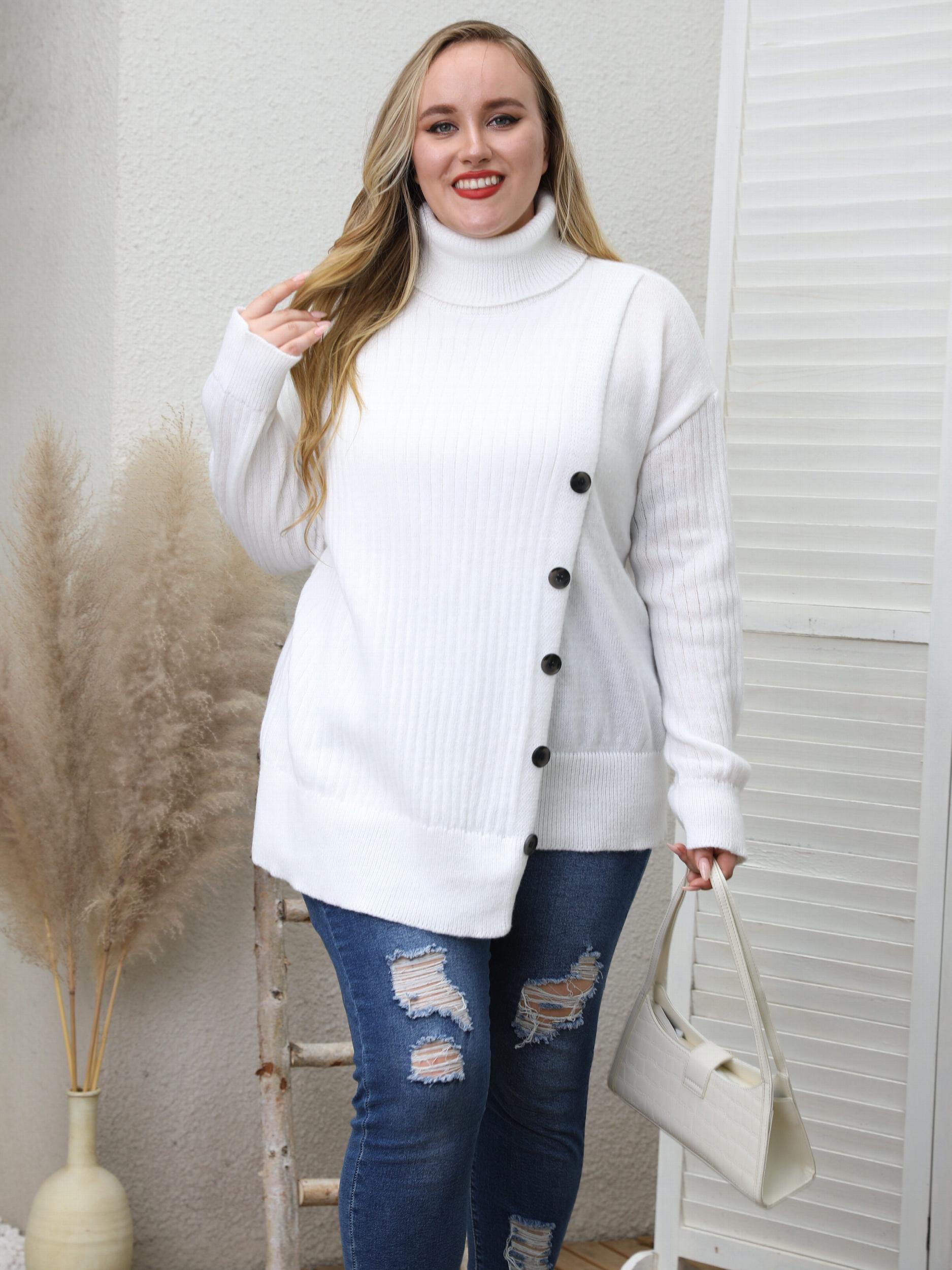  High Neck Casual Sweater Solid Cable Button Long Sleeve