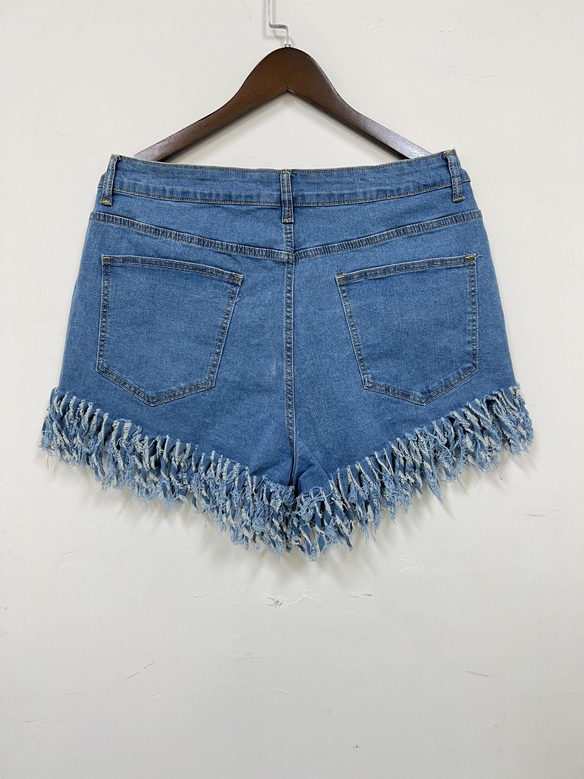  Fringe Trim High Rise Skinny Denim Shorts