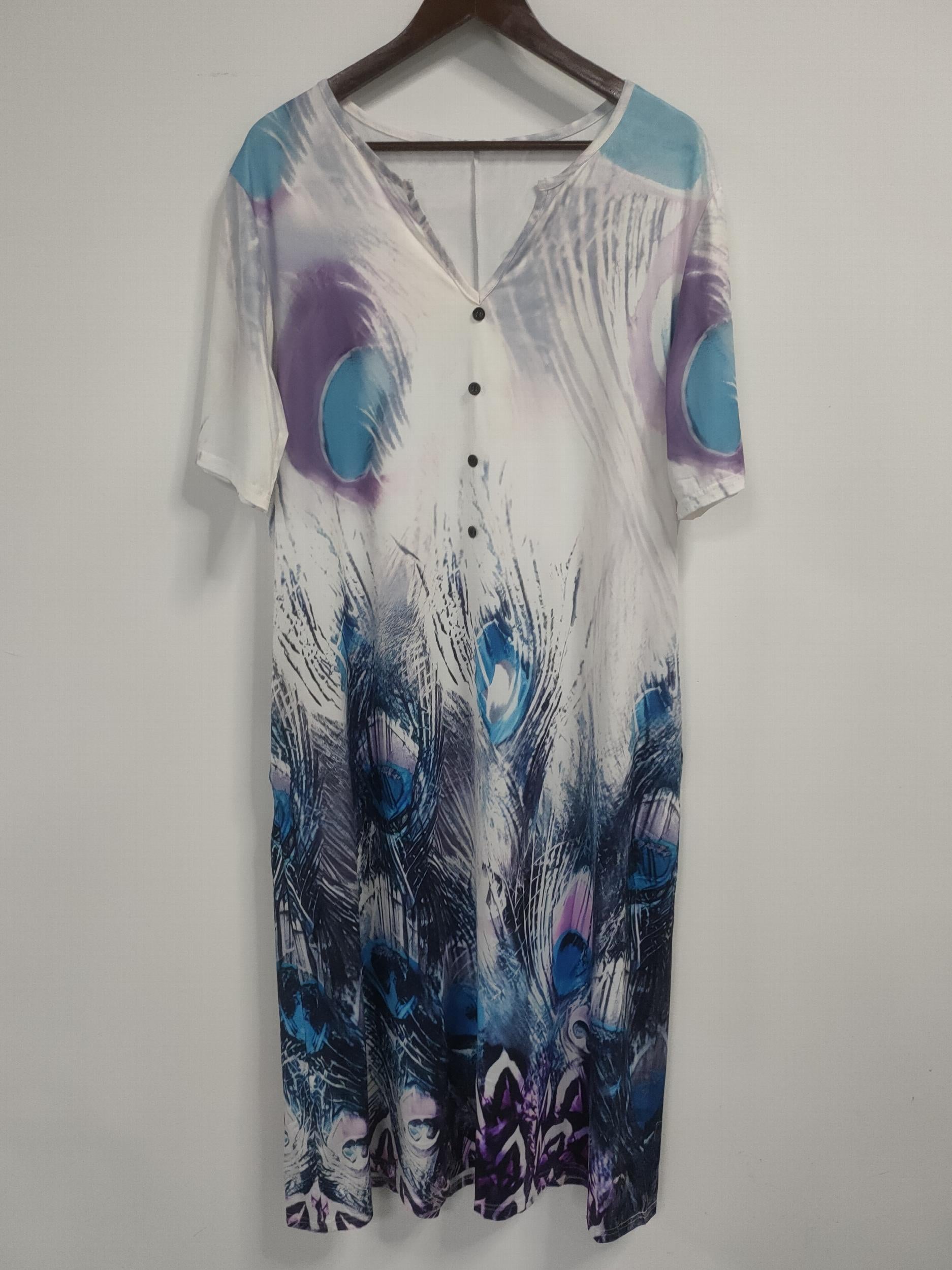 Feather Print Short Sleeve Dress