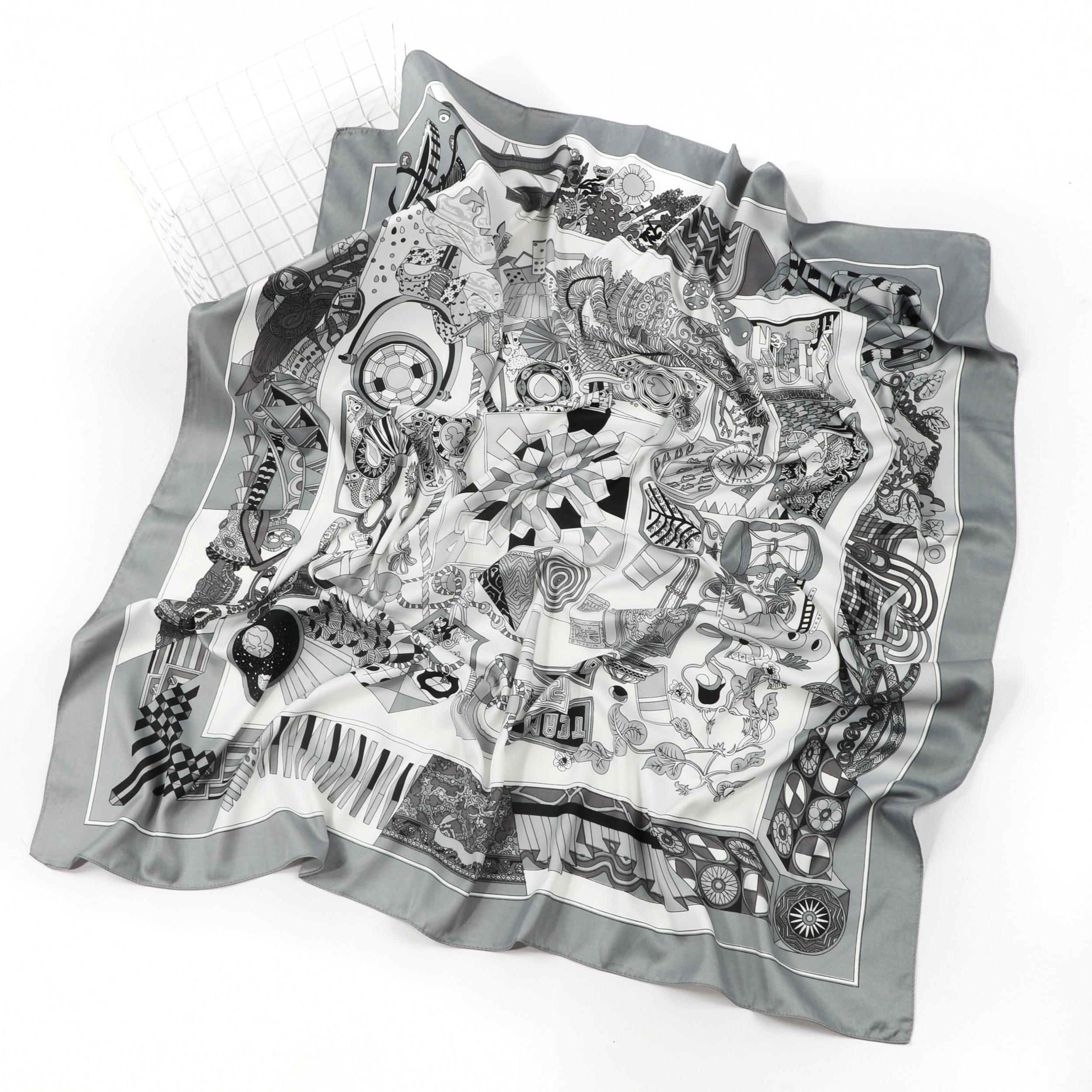 Vintage Floral Print Satin Square Scarf Silk Shawl