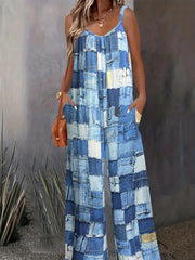  Denim Print Wide Leg Jumpsuit With Pockets