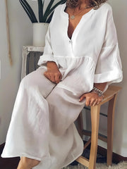  Solid Long Sleeve V Neck Maxi Dress