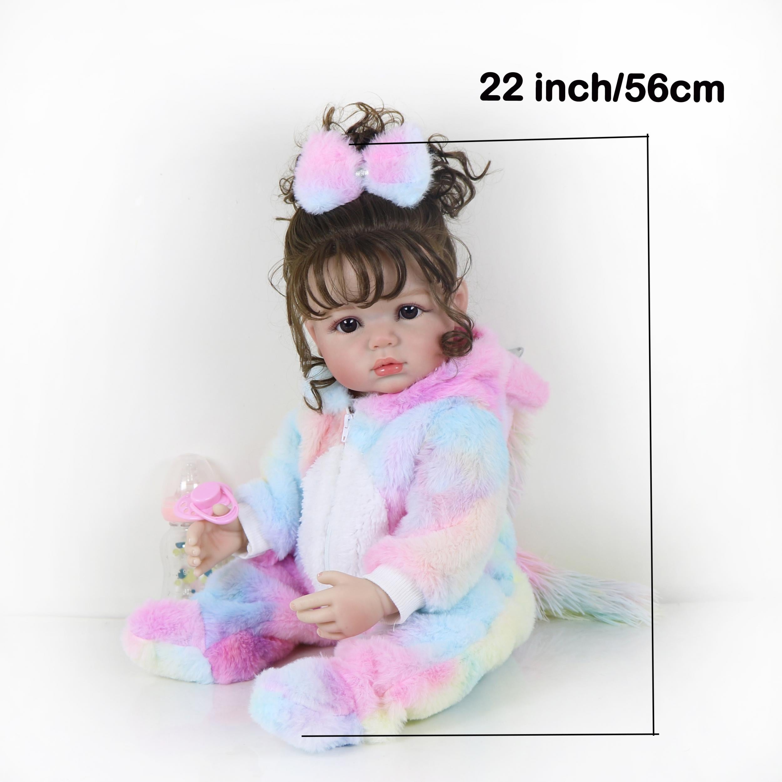 55 Rainbow Unicorn Doll w/ Soft Silicone Body & Brown Hair