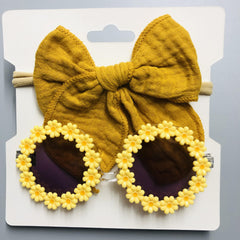 2pcs Baby Girls Bowknot Hairbands & Flower Sunglasses Set