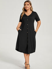  Button Up V Neck Maxi Dress With Pockets