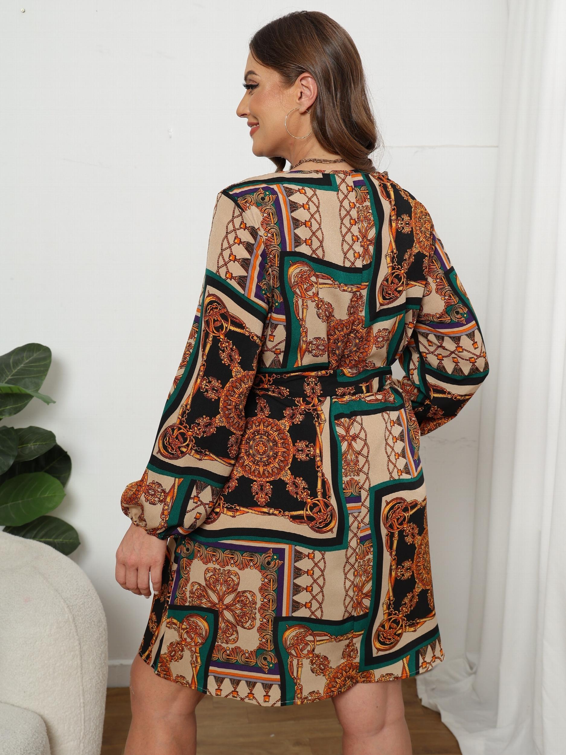  Baroque Print Lantern Sleeve Round Neck Dress With Belt