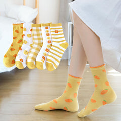 5 Pairs Flower & Striped Socks Comfy & Carrot Pattern Stockings
