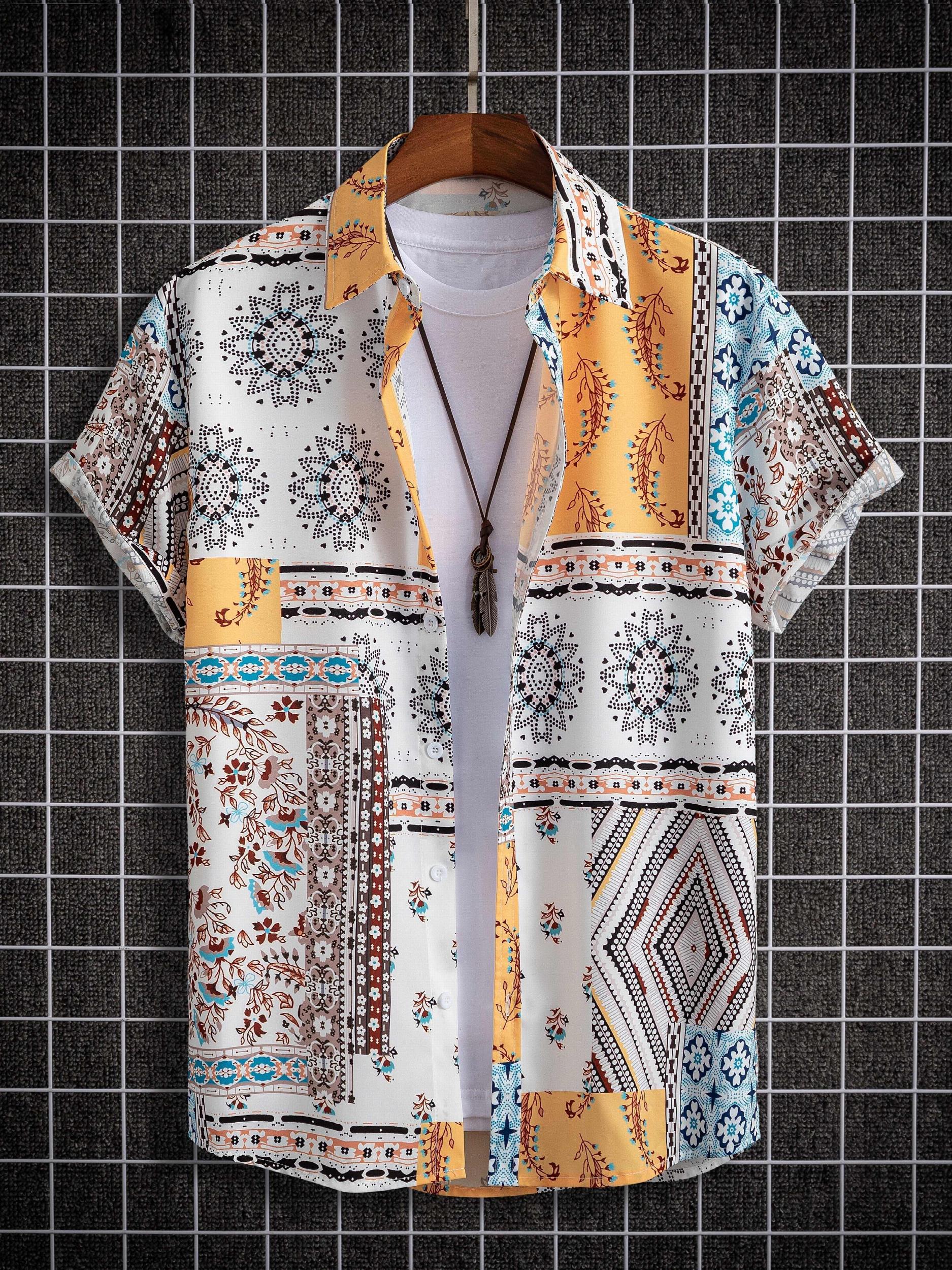 Paisley Print Men s Casual Short Sleeve Mismatch Shirt for Summer Vacation