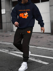 Men's 2Pcs SQUIRREL Print Crew Neck T Shirt & Hooded Sweatshirt Joggers Set