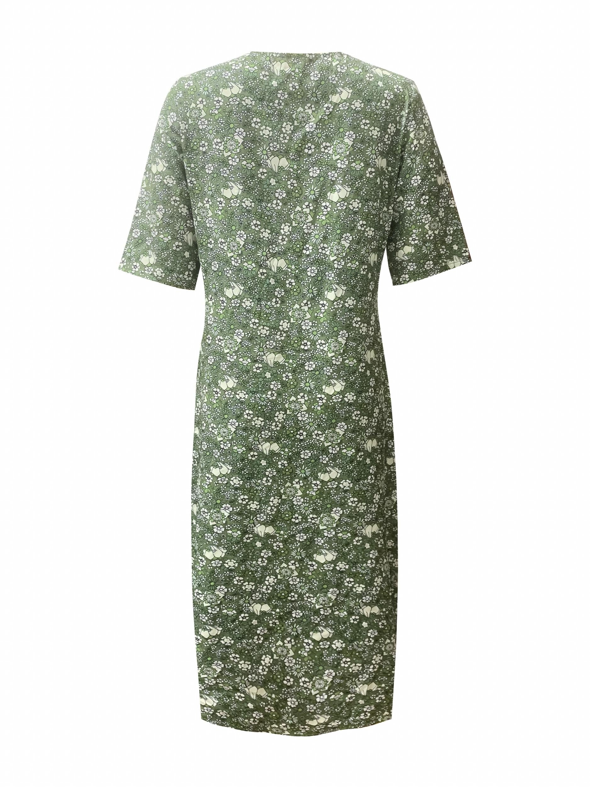 Floral Print V Neck Ruched Dress with Pockets