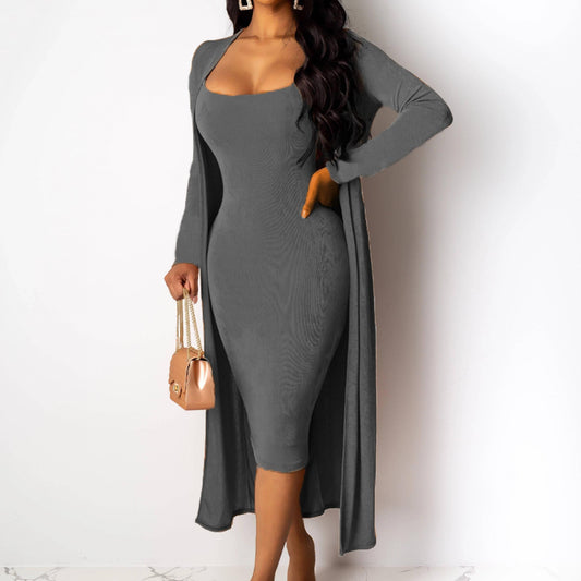 Casual 2 Piece Set Long Cardigan & Bodycon Dress Outfit Women's Clothing