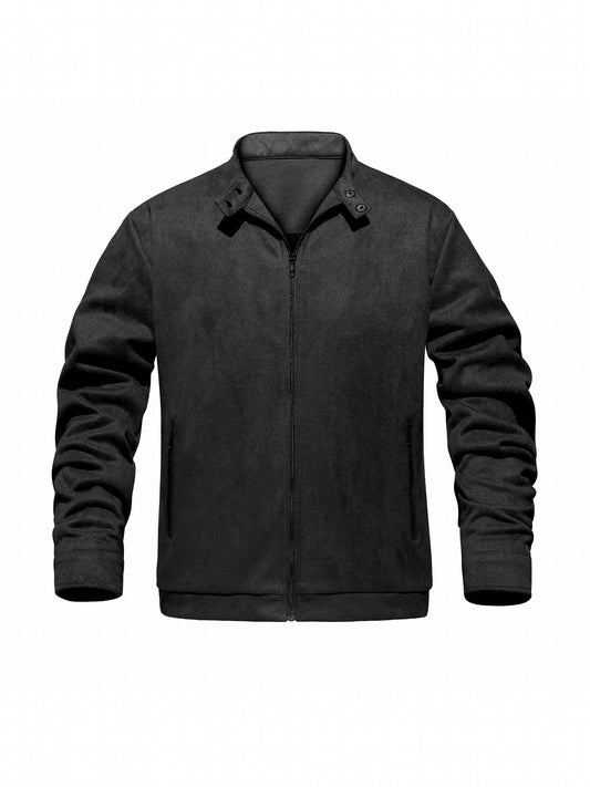 PU Jacket Men's Solid Zip Up Stand Collar Faux Leather Jacket