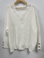  Lace Button Decor V Neck Pullover Jumper