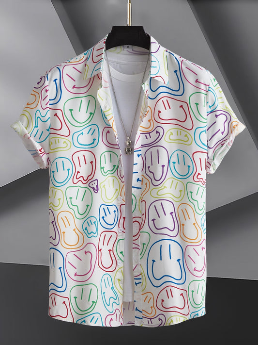 Colorful Smiling Face Men's Short Sleeve Button Up Shirt