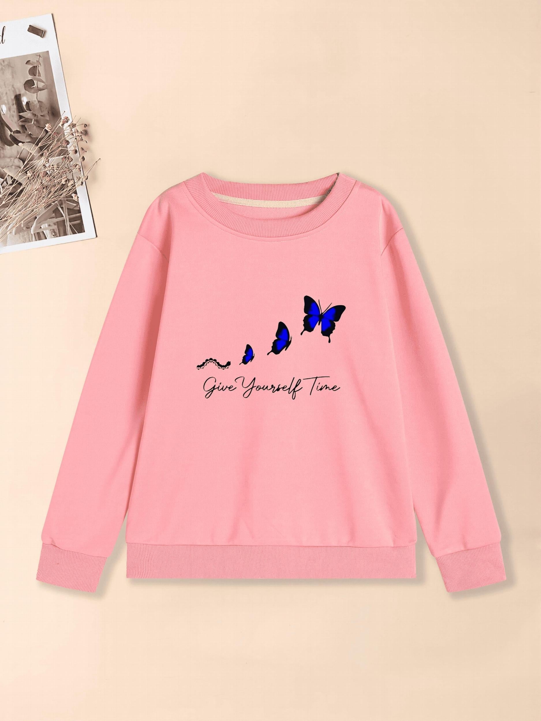 Girls Creative Butterfly Graphic Sweatshirt Round Neck Pullover Top
