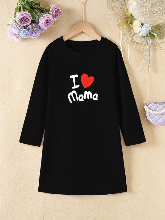 Girls' 'I Love Mama' Print A line Dress Spring Fall Kids Clothes