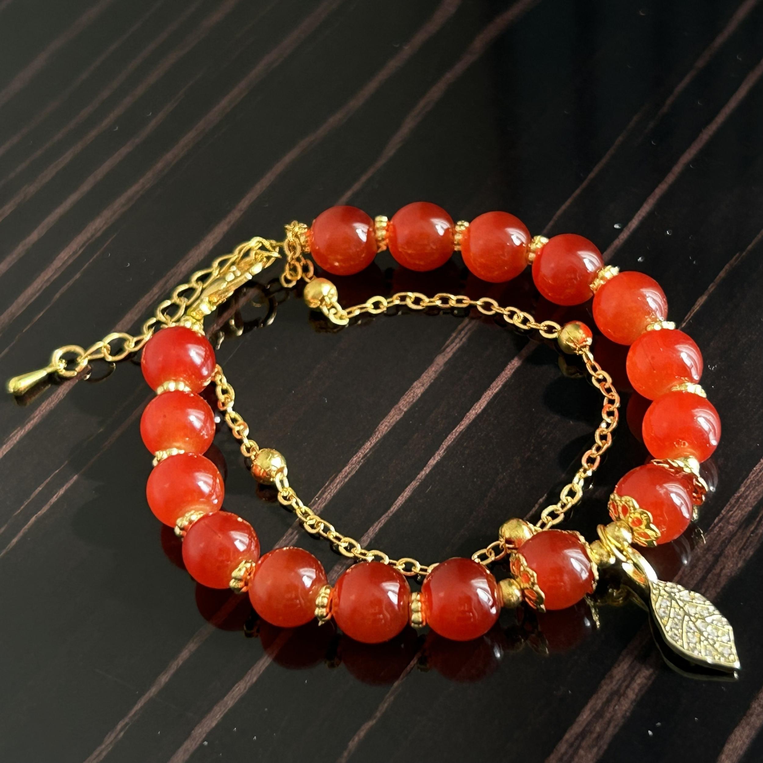 Red Bead & Golden Leaf Bracelet - Ideal Gift for Girlfriend & Mother
