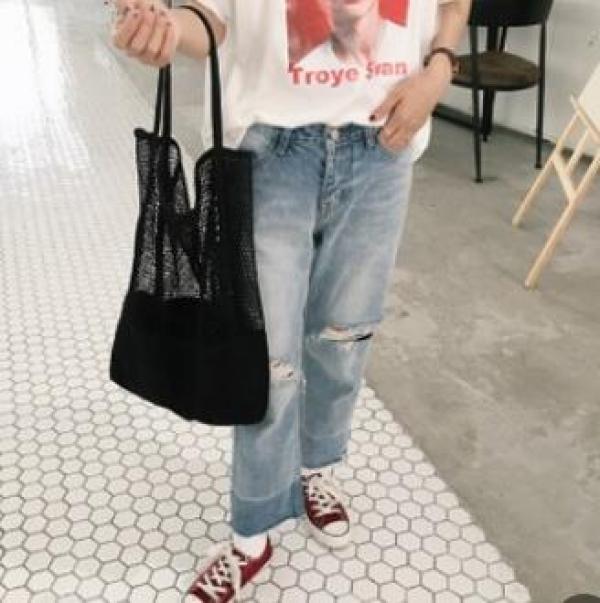 Hollow Beach Bag Mesh Handbag Shopping Tote Portable Canvas
