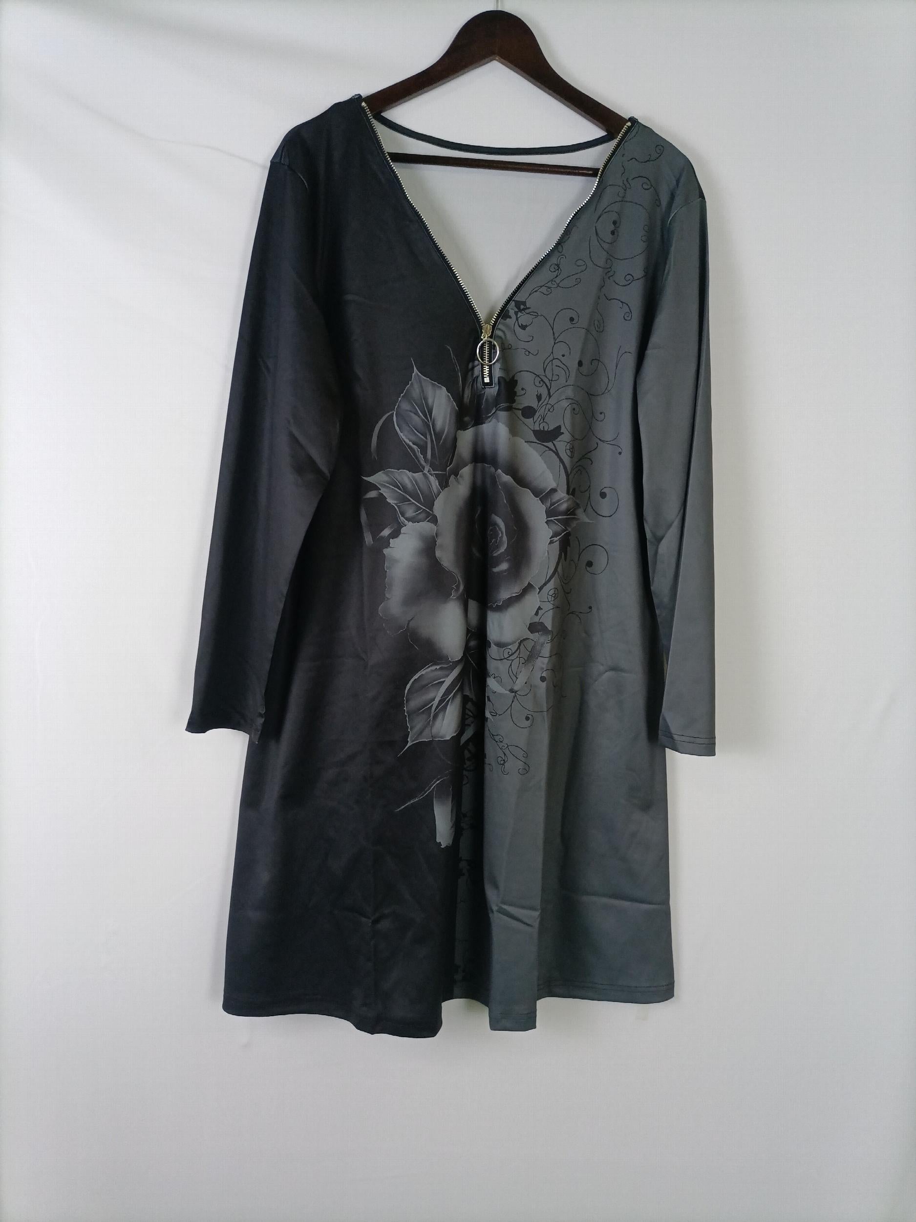  Colorblock Floral Print Zipper Long Sleeve V Neck Dress