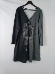  Colorblock Floral Print Zipper Long Sleeve V Neck Dress