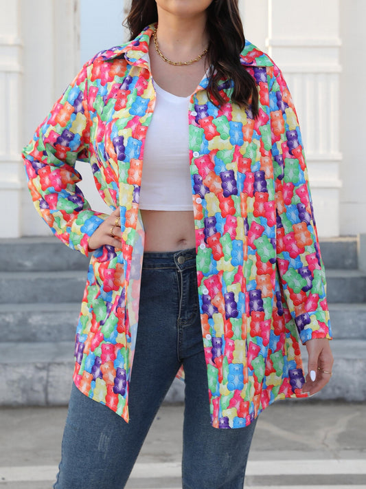  Casual Bear Print Button Up Long Sleeve Blouse