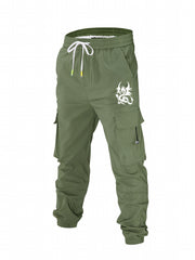 Dragon Print Cargo Pants Men Casual Drawstring Joggers Summer Autumn