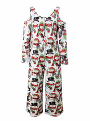  Snowman Print Cold Shoulder Jumpsuit