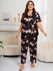  Floral Print Satin Pajamas Set Short Sleeve Shirt & Pants Home Wear
