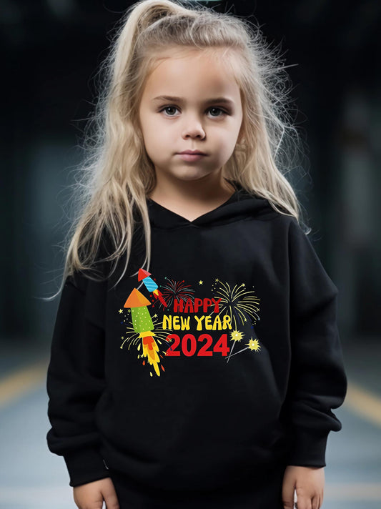 Cartoon Rockets Pattern Hooded Sweatshirt & Sweatpants Set for Girls