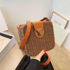 Rattan Woven Crossbody Bag Straw Beach Bag Square Purse