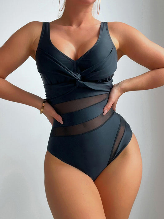 Mesh Contrast Twist One Piece Swimsuit V Neck Solid Bathing Suit
