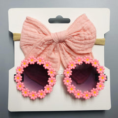 2pcs Baby Girls Bowknot Hairbands & Flower Sunglasses Set