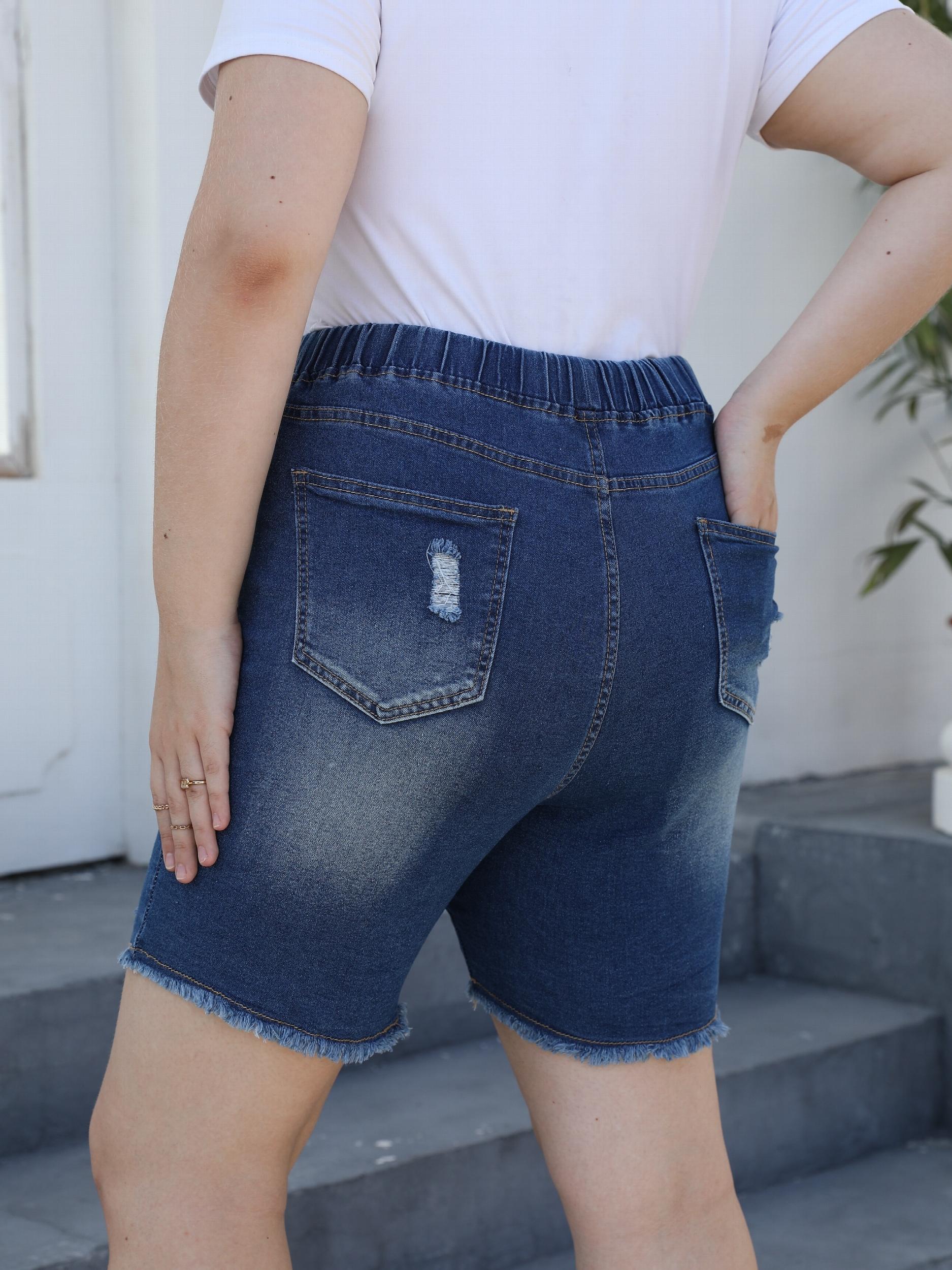  Casual Denim Shorts Women's Plus Solid Ripped Raw Trim Elastic Drawstr