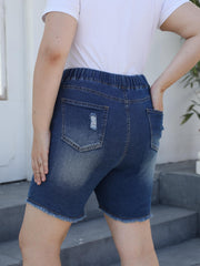  Casual Denim Shorts Women's Plus Solid Ripped Raw Trim Elastic Drawstr
